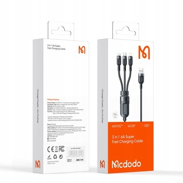 КАБЕЛЬ LIGHTNING MICRO USB-C 3 В 1, 6 А, 65 Вт, QC 4