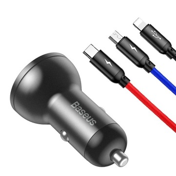 BASEUS ŁADOWARKA SAMOCHODOWA ZASILACZ MOCNY 24W 2X USB 4,8A + KABEL 3w1