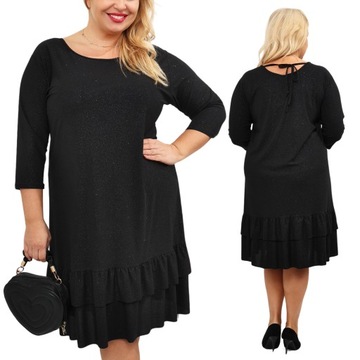 Czarna Sukienka Koktajlowa Plus Size z falbanką r. 46/48