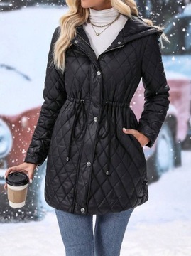 SHEIN czarny damski pikowany płaszcz z kapturem XL