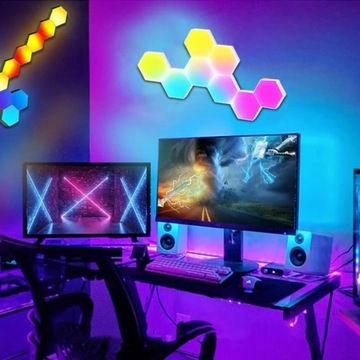 10X ШЕСТИГРАННАЯ НАСТЕННАЯ ЛАМПА SMART RGB GAMING СИНХРОНИЗИРУЕТ МУЗЫКУ