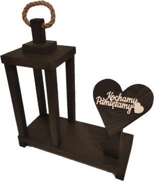 Деревянный фонарь 40 см с сердцем, черно-белая надпись, на выбор, украшение могилы