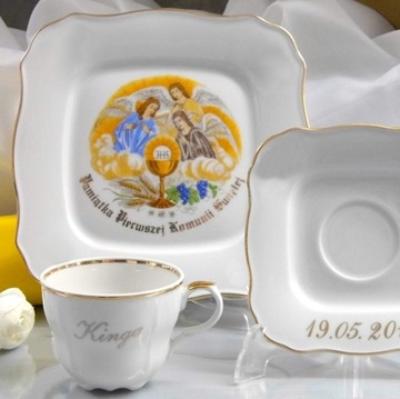 556 PAMIĄTKA 1 KOMUNII ŚW. 1/3 WYPIS IMIĘ+DATA KOMUNIA ROMANTICA PORCELANA