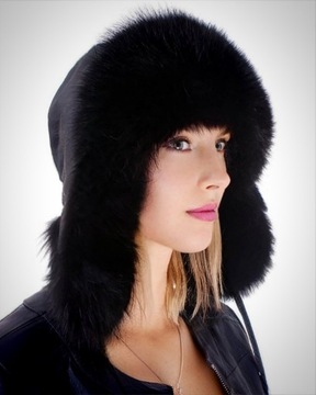 Czapka futrzana uszanka z lisa czarnego (XL)