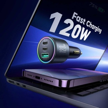 АВТОМОБИЛЬНОЕ ЗАРЯДНОЕ УСТРОЙСТВО JOYROOM 120 Вт, 2xUSB-C, КАБЕЛЬ USB-A + USB-C, 100 Вт, QC PD