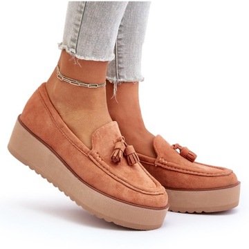 MOKASYNY DAMSKIE NA PLATFORMIE Z FRĘDZLAMI POMARAŃCZOWE 40