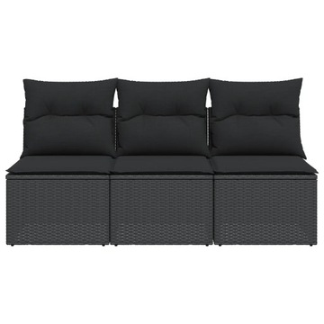 vidaXL Sofa ogrodowa z poduszkami, 3-osobowa, czarna, polirattan