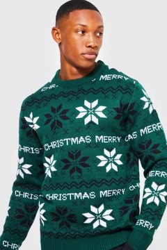 boohooMAN MĘSKI ŚWIĄTECZNY SWETER MERRY CHRISTMAS ZIELONY M