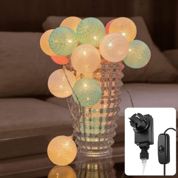 Łańcuch świetlny z bawełnianymi kulkami Cotton Ball 20 LED sieciowe