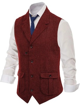Mens Suit Brown Vest Lapel Wool Herringbone Retro