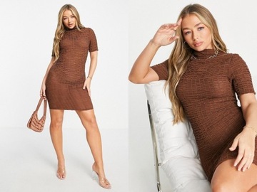 DESIGN Brązowa marszczona sukienka bodycon S