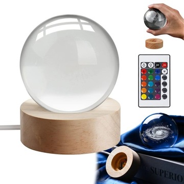 MAŁY UKŁAD SŁONECZNY 3D KRYSZTAŁOWA KULA Z PODSTAWĄ LED, LAMPKA NOCN