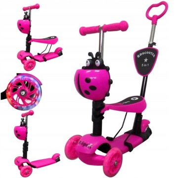 БАЛАНСОВЫЙ СКУТЕР 5в1 BIEDRONKA ТРЕХКОЛЕСНЫЙ СВЕТОДИОДНЫЙ РОЗОВЫЙ