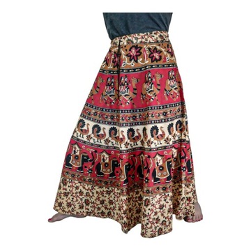 SPÓDNICA DŁUGA GUMA INDIE KOLOROWA BAWEŁNA słoń-wilbłąd-paw