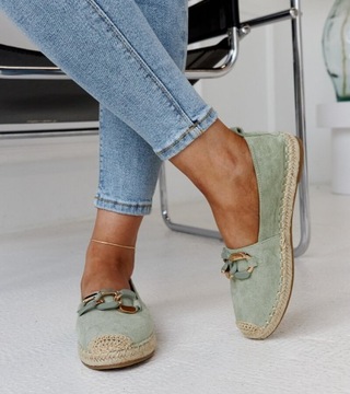 Espadryle damskie zielone z łańcuchem eko zamsz 28646 rozmiar 38