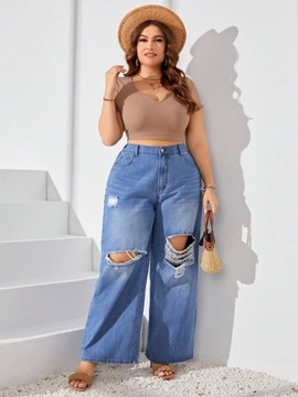 SHEIN CURVE SPODNIE JEANSY DAMSKIE NIEBIESKIE Z DZIURAMI SZEROKIE XL 438