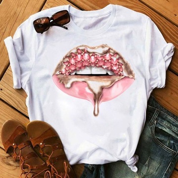 Y2k T-shirty Nowe kobietymoda makijaż czerwone ust