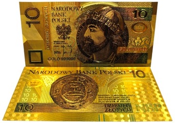 Красивая позолоченная коллекционная банкнота из ПВХ номиналом 10 злотых Mieszko I в ПОДАРОК