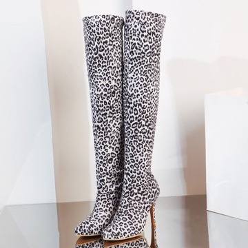 Kobiety Leopard Wysokie Obcasy Wysokie Kolano Buty