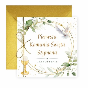Zaproszenia na komunię + imię + złota perłowa koperta + sznurek