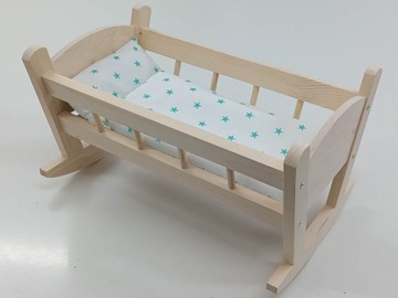 KOŁYSKA DREWNIANA dla lalek NIEMALOWANA + POŚCIEL