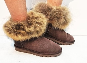 BRĄZOWE SKÓRZANE ŚNIEGOWCE BUTY BOTKI Z FUTREM 38