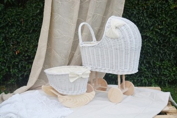 ПЛЕТЕНАЯ КОЛЯСКА для кукол + ЛЮЛЬКА, белый МИКС