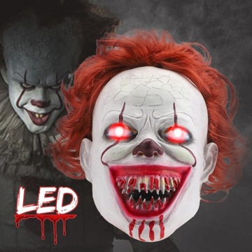 STRASZNE MASKI KLAUNA LED, HORROR MASKA KLAUNA, STRASZNA MASKA COSPLAY