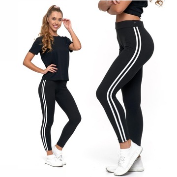 Fit Legginsy Spodnie z Lampasami Getry Sportowe Na Siłownię Paski MORAJ S/M