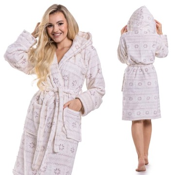 Puchaty ciepły szlafrok z kapturem L/XL