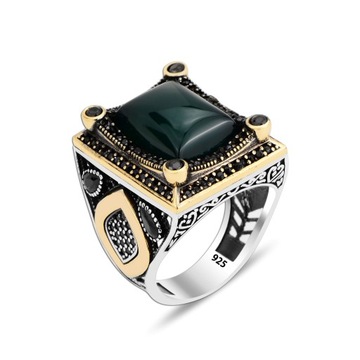 925K Natural Jade Stone Silver Men's Ring - Ottoman Vintage