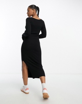 DESIGNex Czarna prążkowana sukienka midi z dekoltem w szpic S