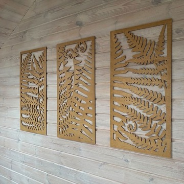 Panele Ścienne, Drewniany Tryptyk LIŚCIE PAPROCI