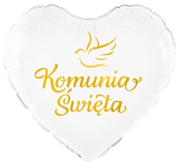 BALON FOLIOWY BIAŁY SERCE Z NADRUKIEM KOMUNIA ŚWIĘTA 45CM-7582