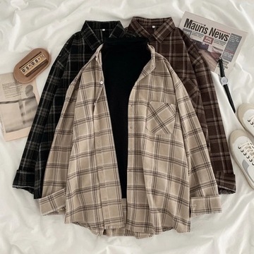 Women Shirt Plaid Oversize Turn-down Collar Leisur