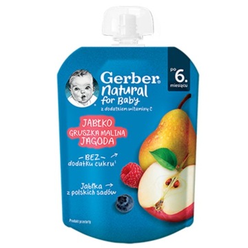GERBER NATURAL for Baby po 6m. Jabłko Gruszka Malina Jagoda Mus Tubka 80g