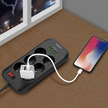 Удлинительный кабель для удлинителя, 6 РАЗЪЕМОВ + 4 порта USB, 2 м.