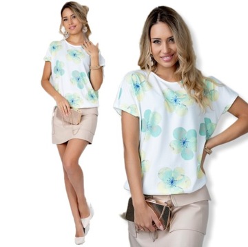 ELEGANCKA KOBIECA BLUZKA CIEŃKA DZIANINA PL PROD KWIATY PREMIUM ZIELONY XXL