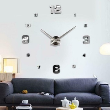ZEGAR ŚCIENNY DUŻY CICHY DIY NAKLEJANY NA ŚCIANĘ 3D SREBRNY LUSTRZANY