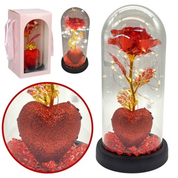 WIECZNA RÓŻA SZKŁO LED NAPIS - Serce - Kocham Cię ŚWIECĄCA NA BATERIE