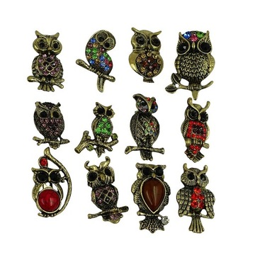 12 sztuk Assorted Antyczny Brąz kolorowe Rhinestone Sowa Broszka Szpilki