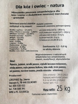 Pasza karma dla kóz i owiec bez gmo 25 kg