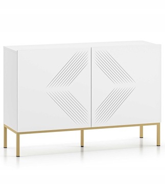 Komoda szafka z drzwiami i półkami biała złota rama MDF 114 cm ALPINA