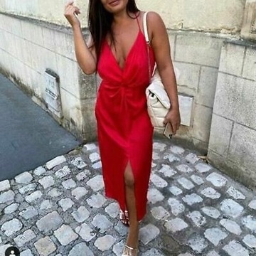 ZARA SUKIENKA SATYNOWA BIELIŹNIANA CZERWONA MIDI
