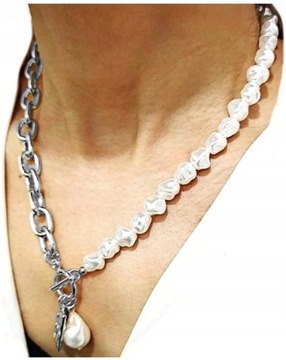 Damski srebrny Naszyjnik choker łańcuch z perłami