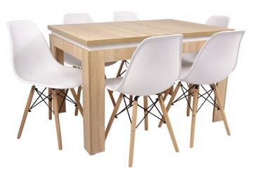 6 x białe kubełkowe krzesło BOHO i nowoczesny ROZKŁADANY stół dąb do SALONU