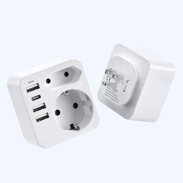 ADAPTER PODRÓŻNY EU do UK, WTYCZKA Z 3 PORTAMI USB+1 PORTEM USB-C 6 W 1