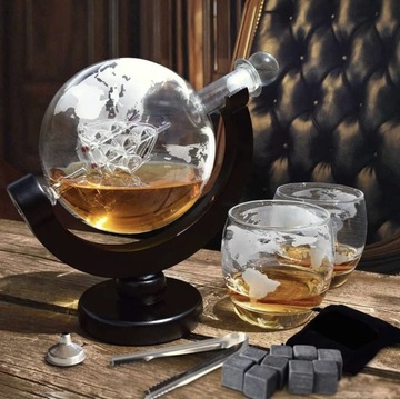 Графин для виски «Глобус», набор из 2 стаканов, подставки, щипцы, кубики, 850 мл