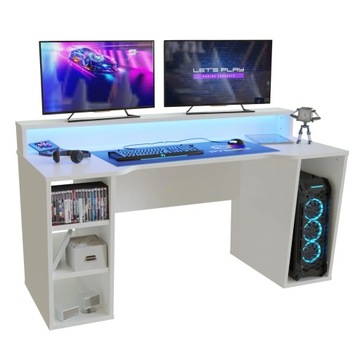 Белый игровой стол с полками 160 см SUPERNOVA211 большой LED для геймера