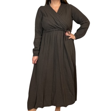 Muślinowa Sukienka Plus Size 42 44 46 48 Brązowa